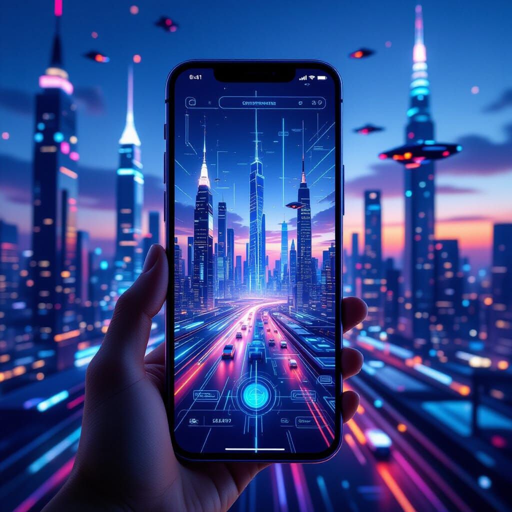 Futuristic Neon Cityscape at Dusk Through Holographic Smartp...