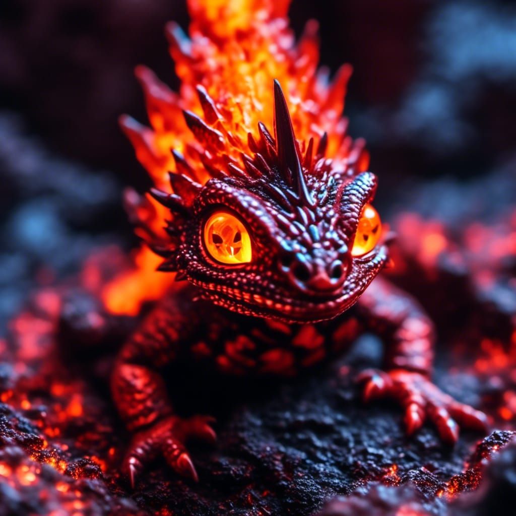 Cute Baby Ember Dragon Hatchling in Lava
