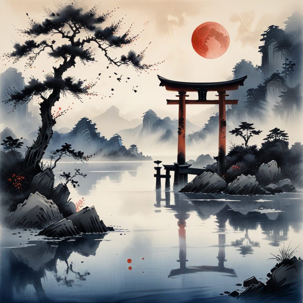 Vermilion Torii Gate in Sumi-e Ink Wash Style