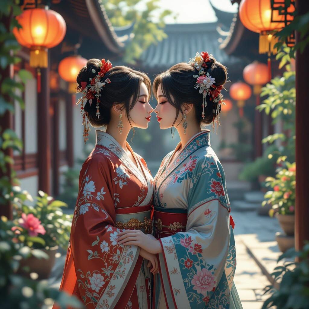 Elegant Women Kissing in Qing Dynasty Anime Style