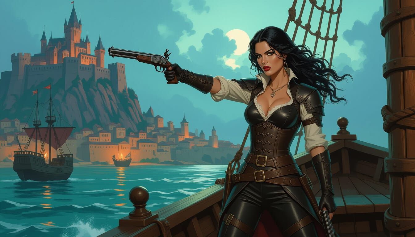 Female Pirate Aims Pistol at Medieval Harbor in Cinematic St...
