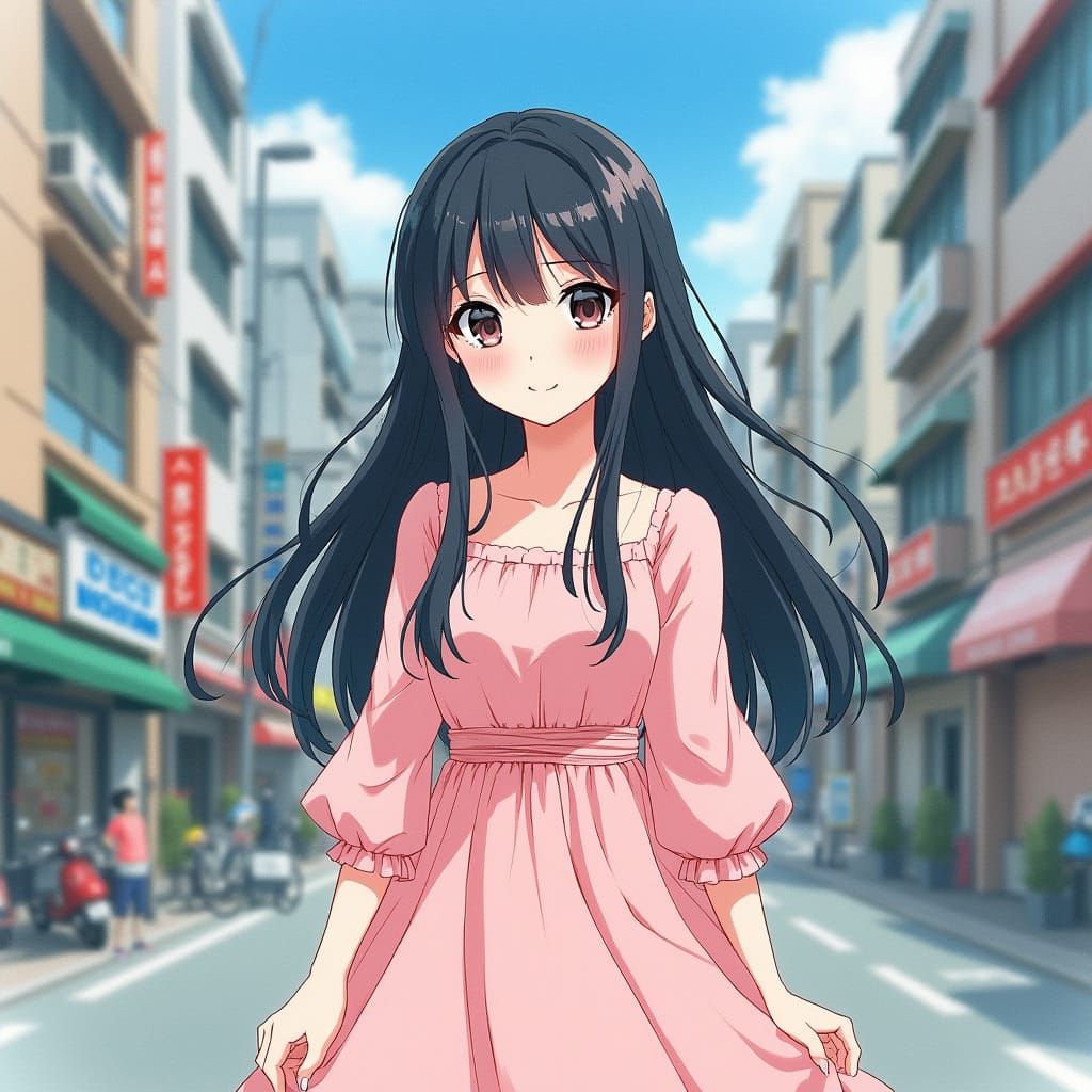 Anime Girl in Tokyo Street, Watercolor Style