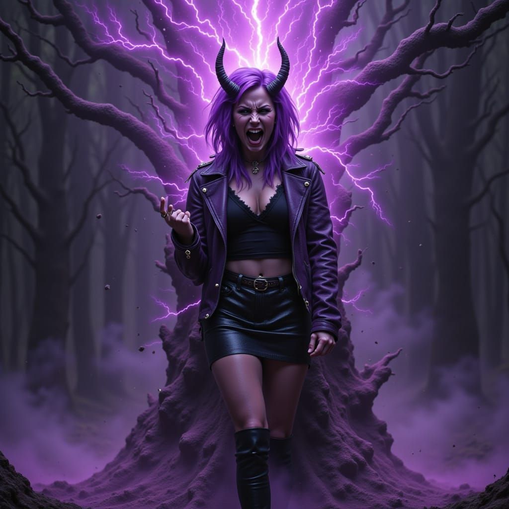 Punk Lady Screaming Amidst Fiery Lightning Storm