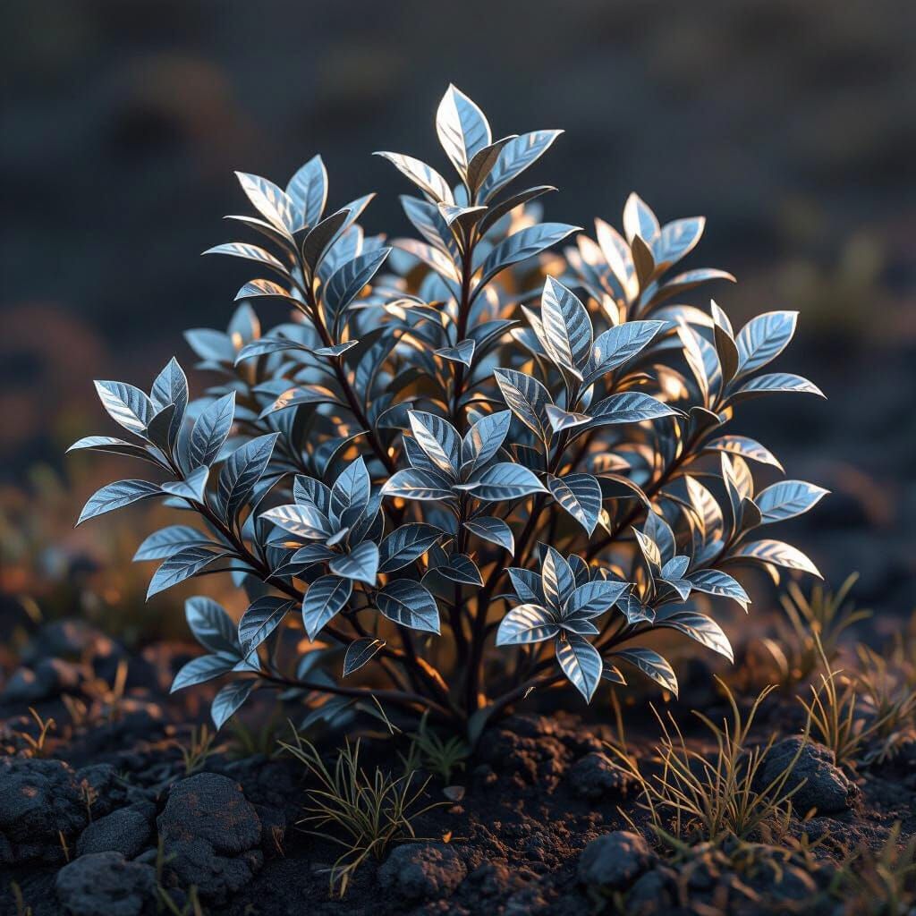 Metallic Shrub on Volcanic Ridge: Dark Fantasy Art