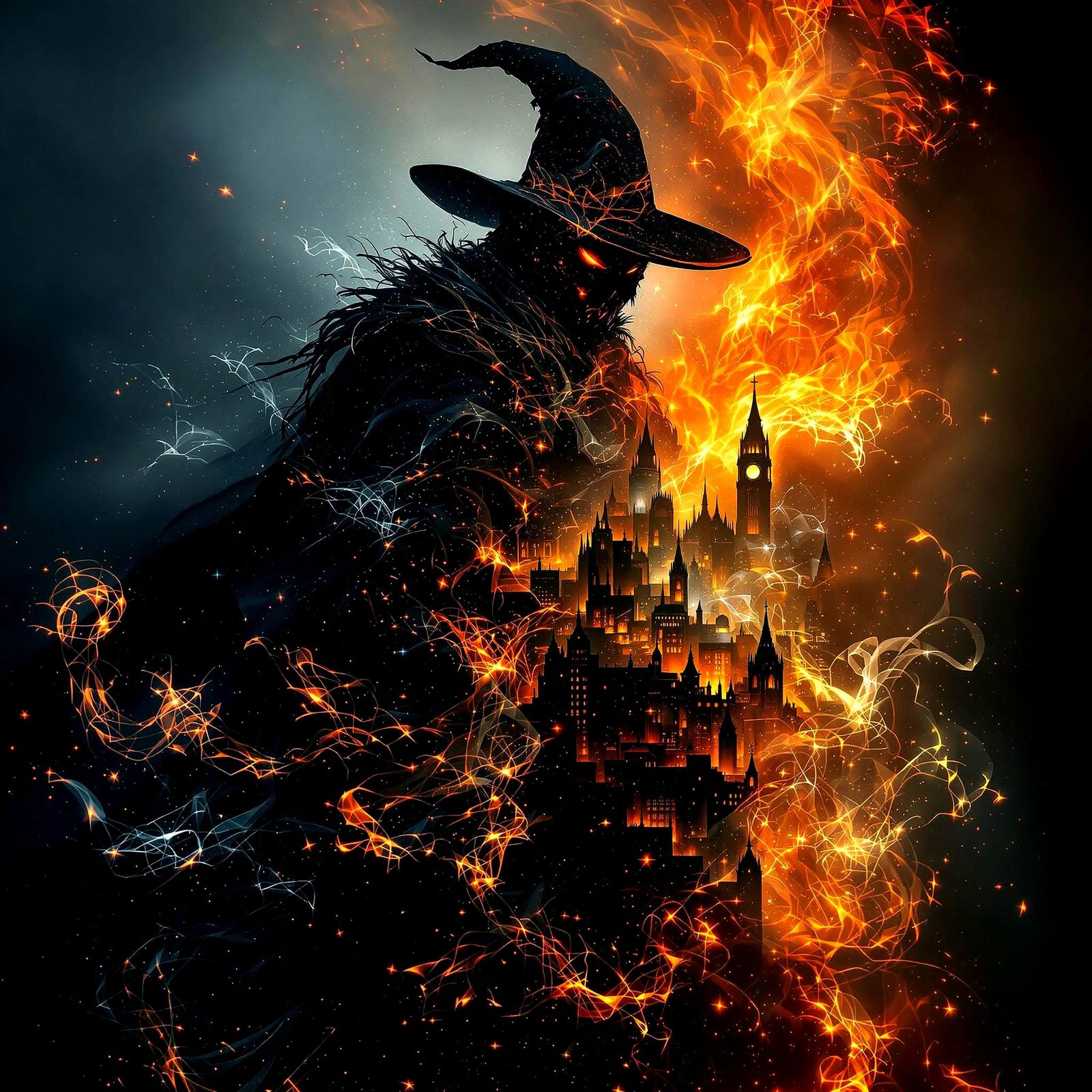Sinister Wizard Silhouette with Burning City, Fantasy Art