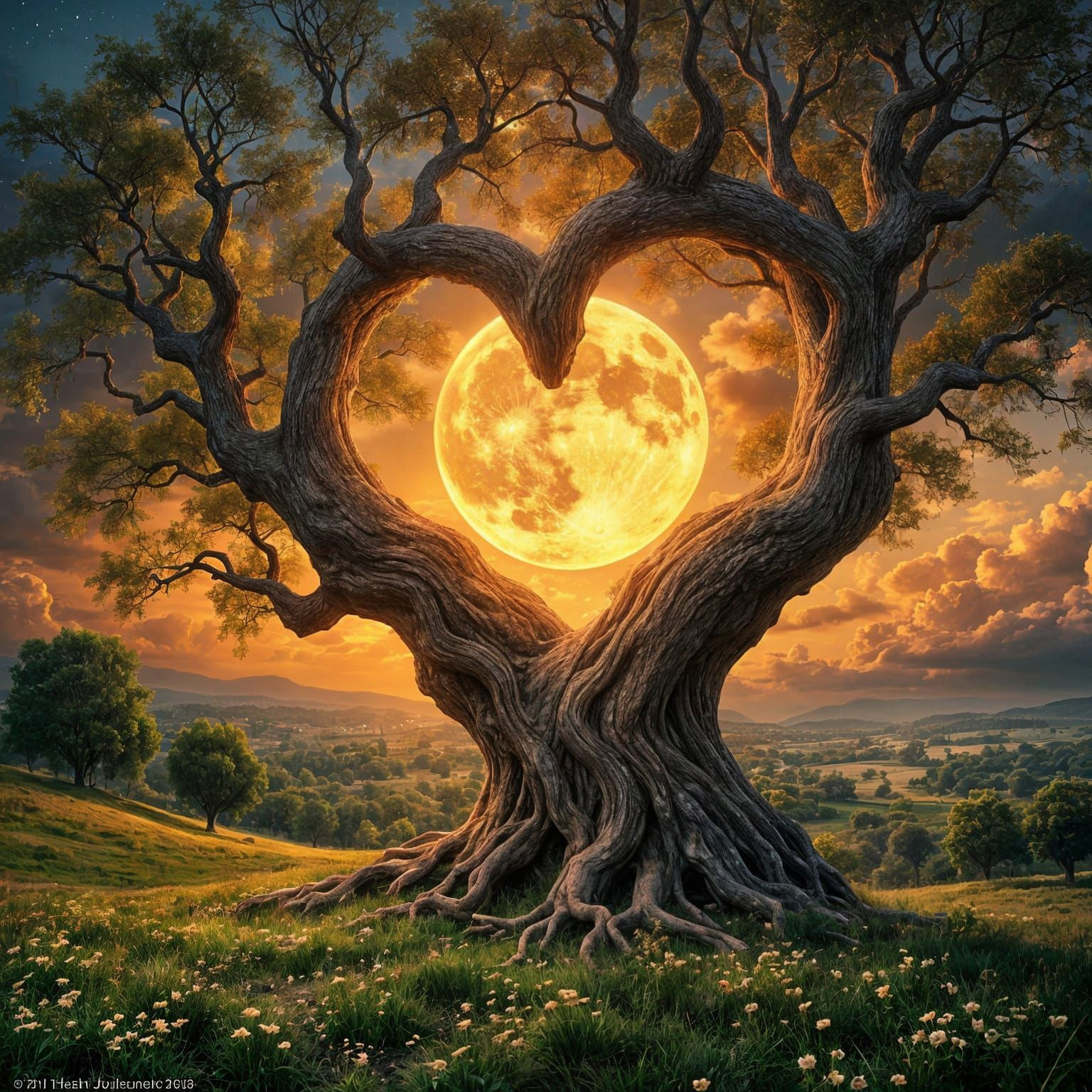 Heart Tree Framed by Moon in Dreamy Landscape