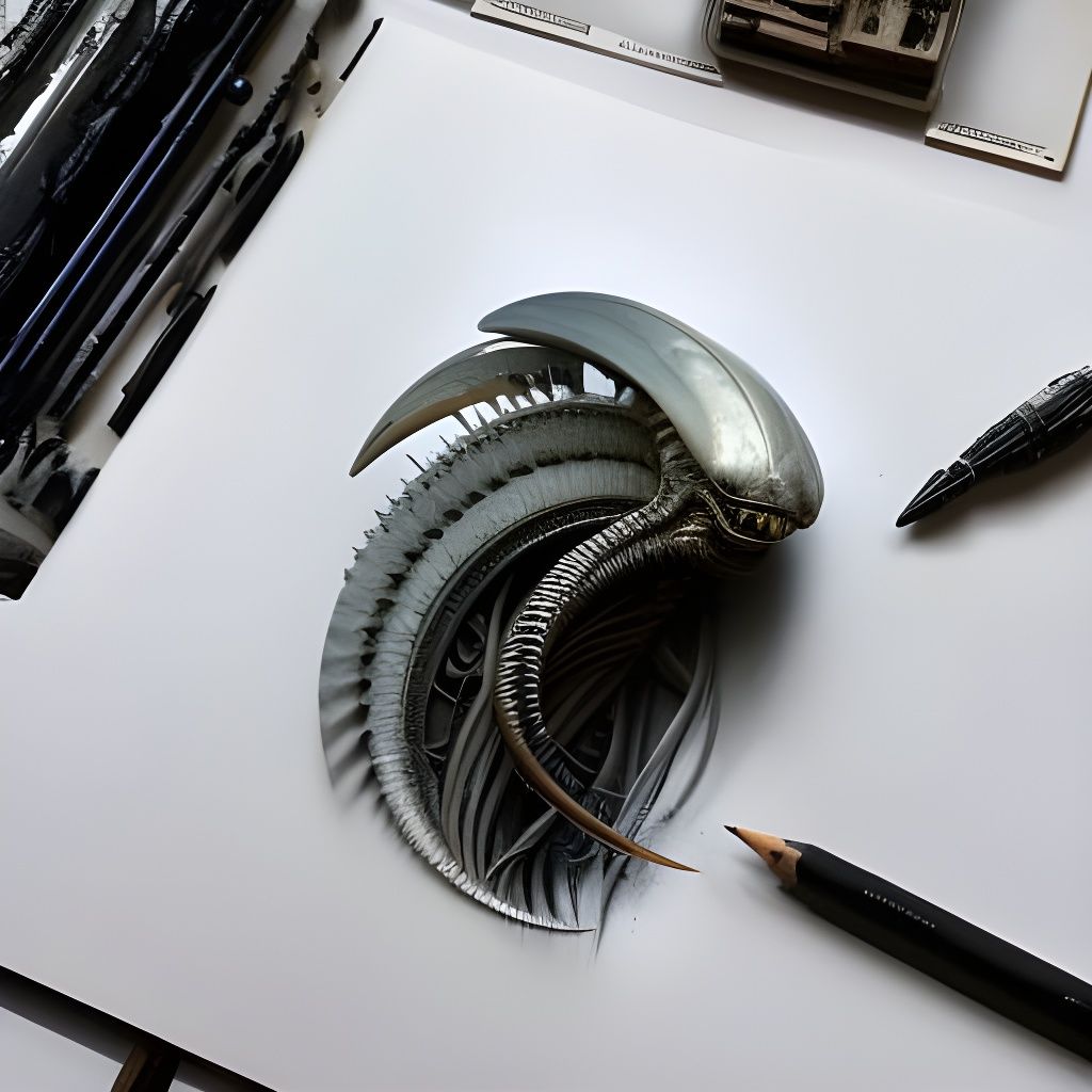 Xenomorph Sketch in Da Vinci and Giger Style