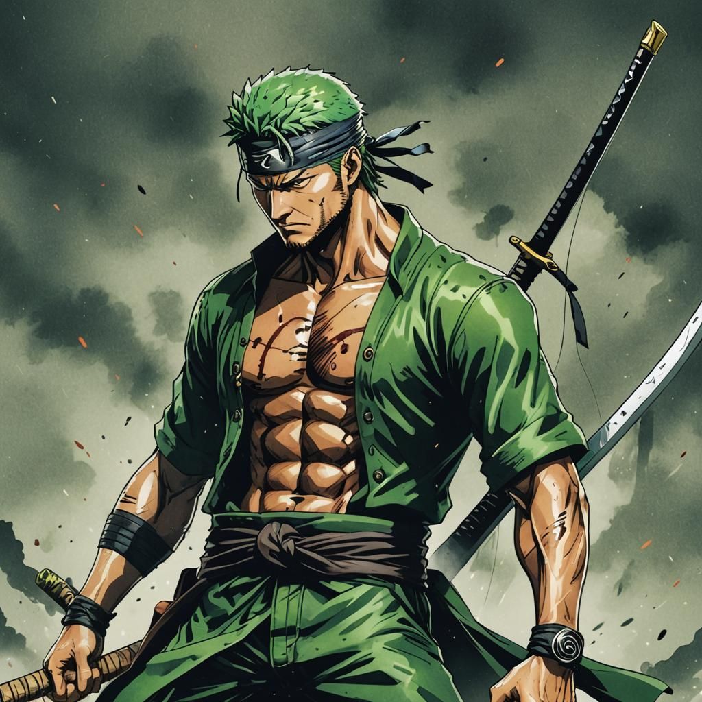 Roronoa Zoro Anime-Style Cel-Shaded Art