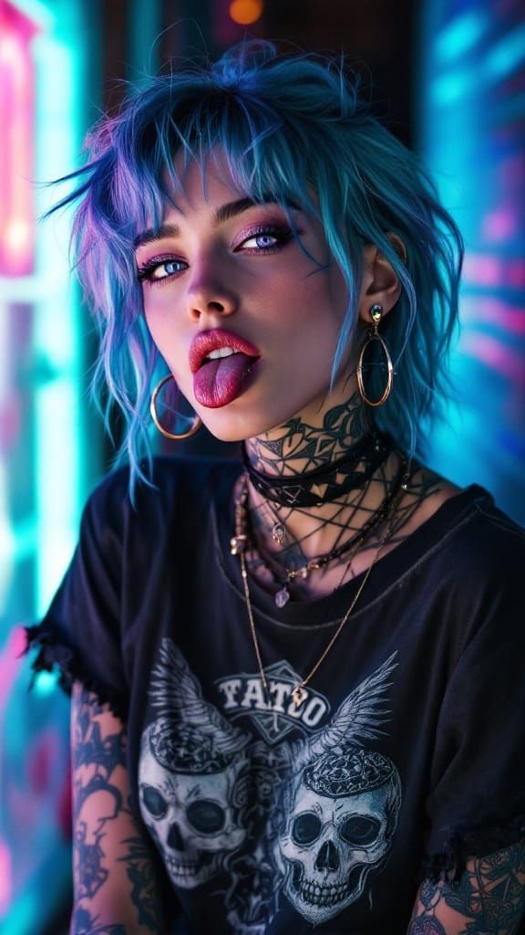 Electric Queen with Bold Tattoos and Teal Hair