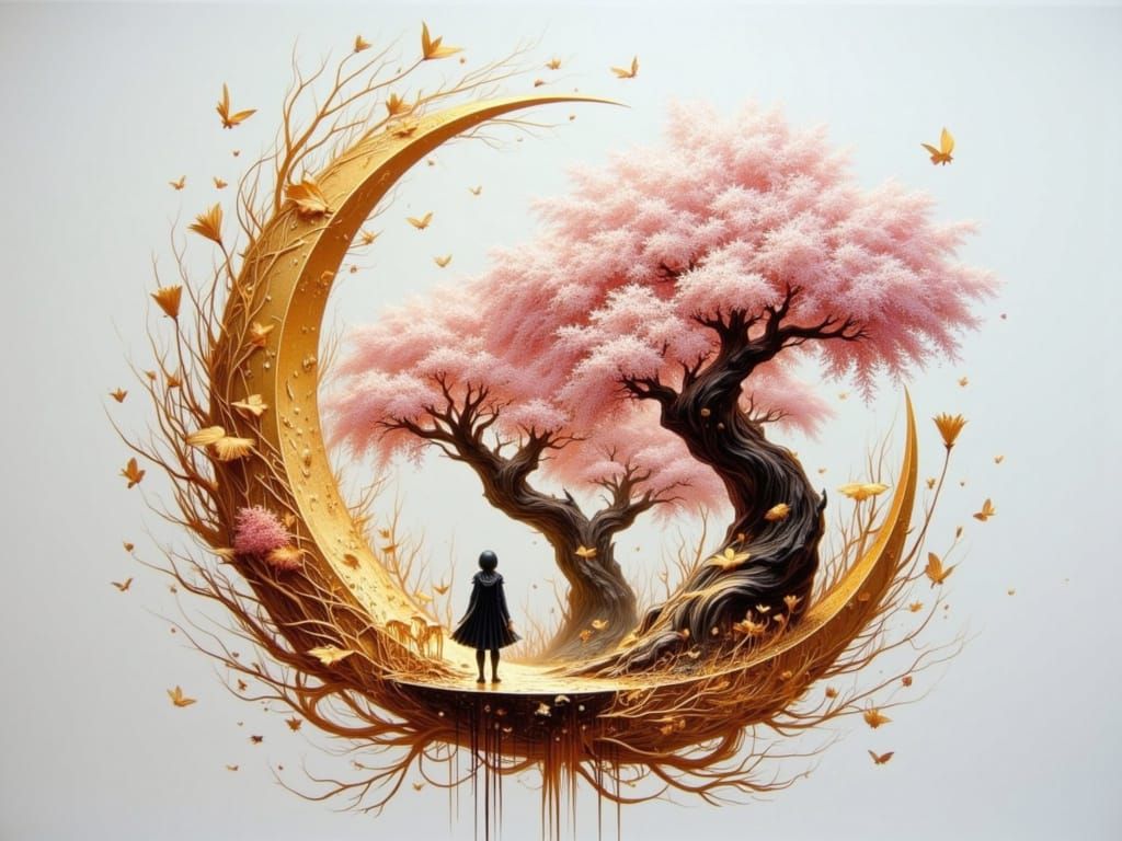 Surreal Golden Moon Holding Dreamscape with Luminous Tree