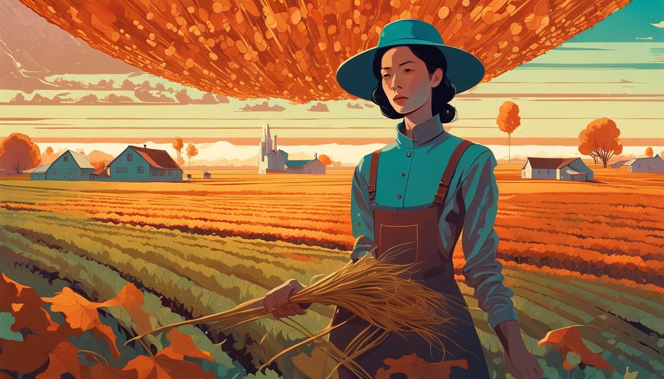 Autumn Farm Field with Ringworld Sky in Retrofuturist Style