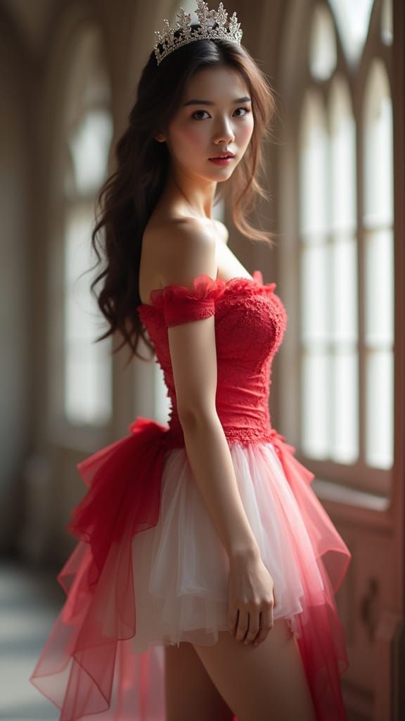 Elegant Princess in Red, Pink, and White Baroque Dress
