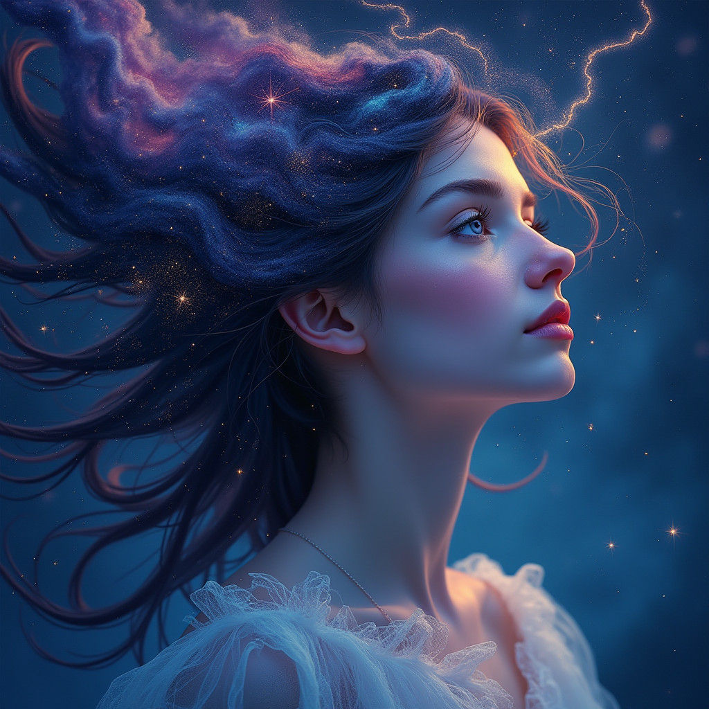 Celestial Woman: Galaxy Hair and Starry Night Face
