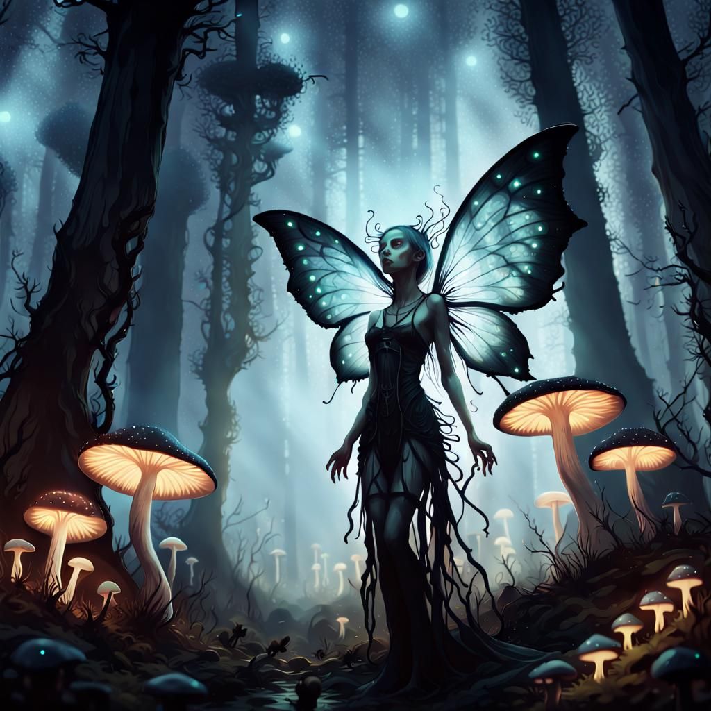 Macabre Fae in Bioluminescent Forest, Dark Fantasy Art