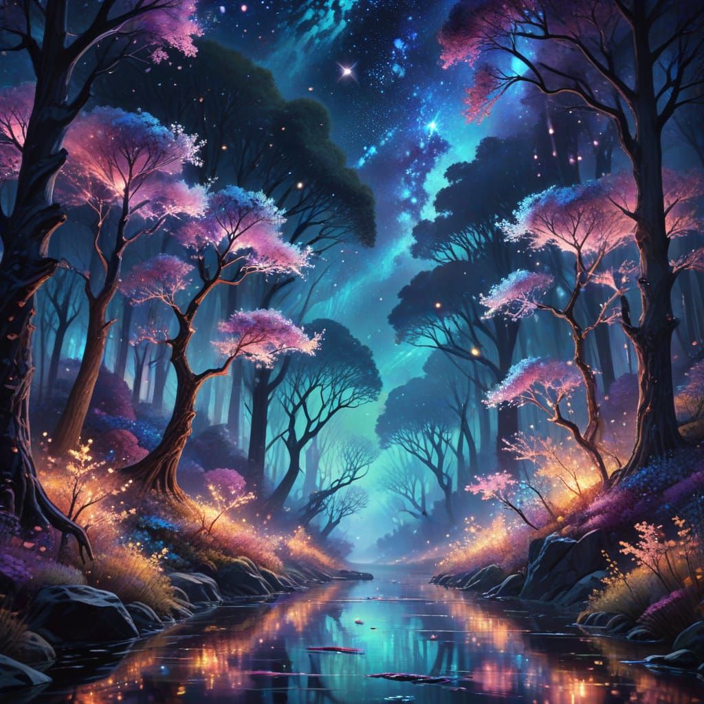 Celestial Crystal Trees in Surrealist Oil Painting