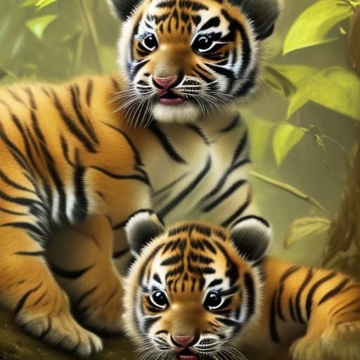 Cute Tiger Cubs in Jungle Portrait, Detailed Art