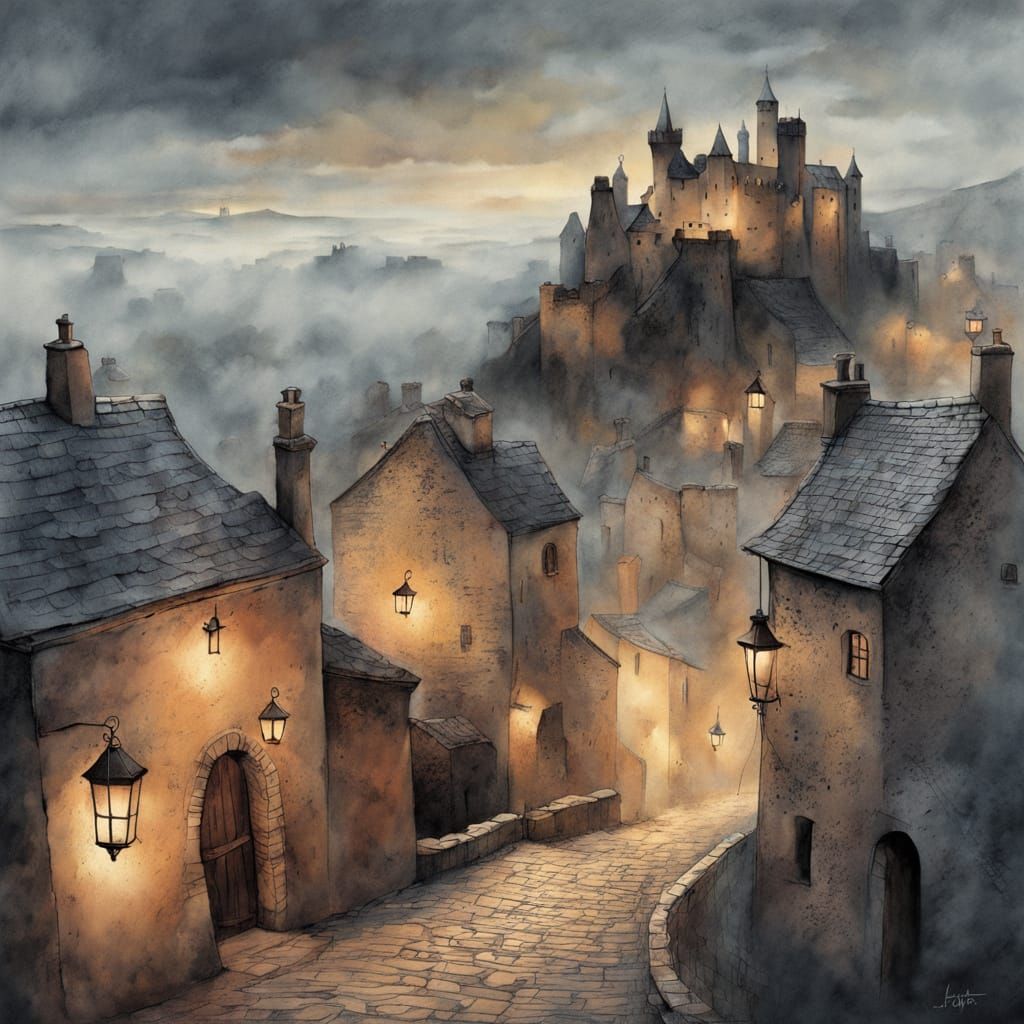 Medieval Village and Castle in Foggy Watercolor Style