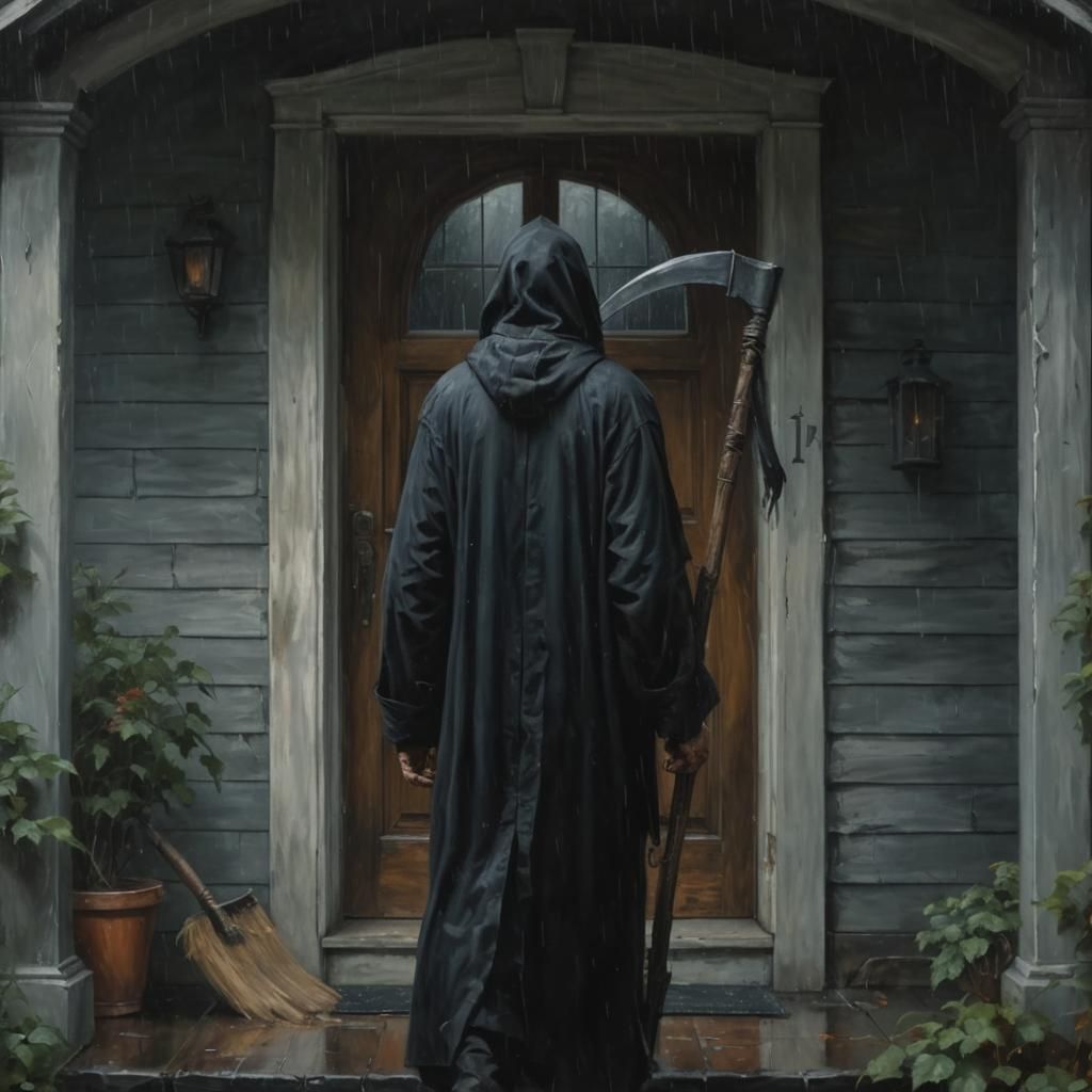 Grim Reaper at Door in Rainy Oil Painting