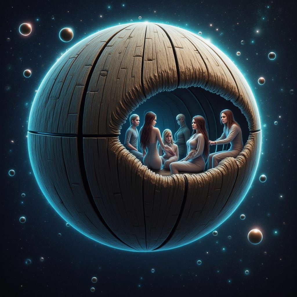 Wooden Spaceship with Women in Outer Space