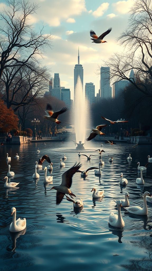 Birds at Bethesda Fountain, Manhattan Skyline View