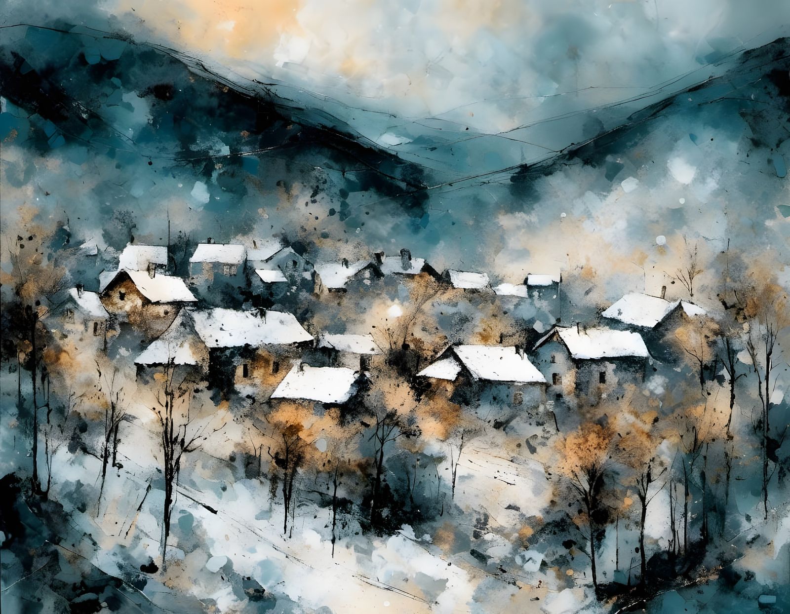 Mountain Village Blizzard in Impressionist Style