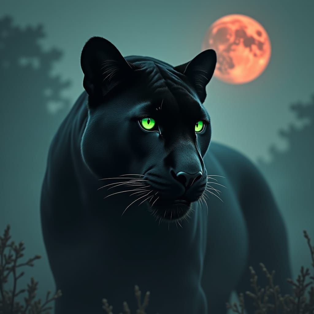 Mystical Black Panther with Emerald Eyes and Blood Moon