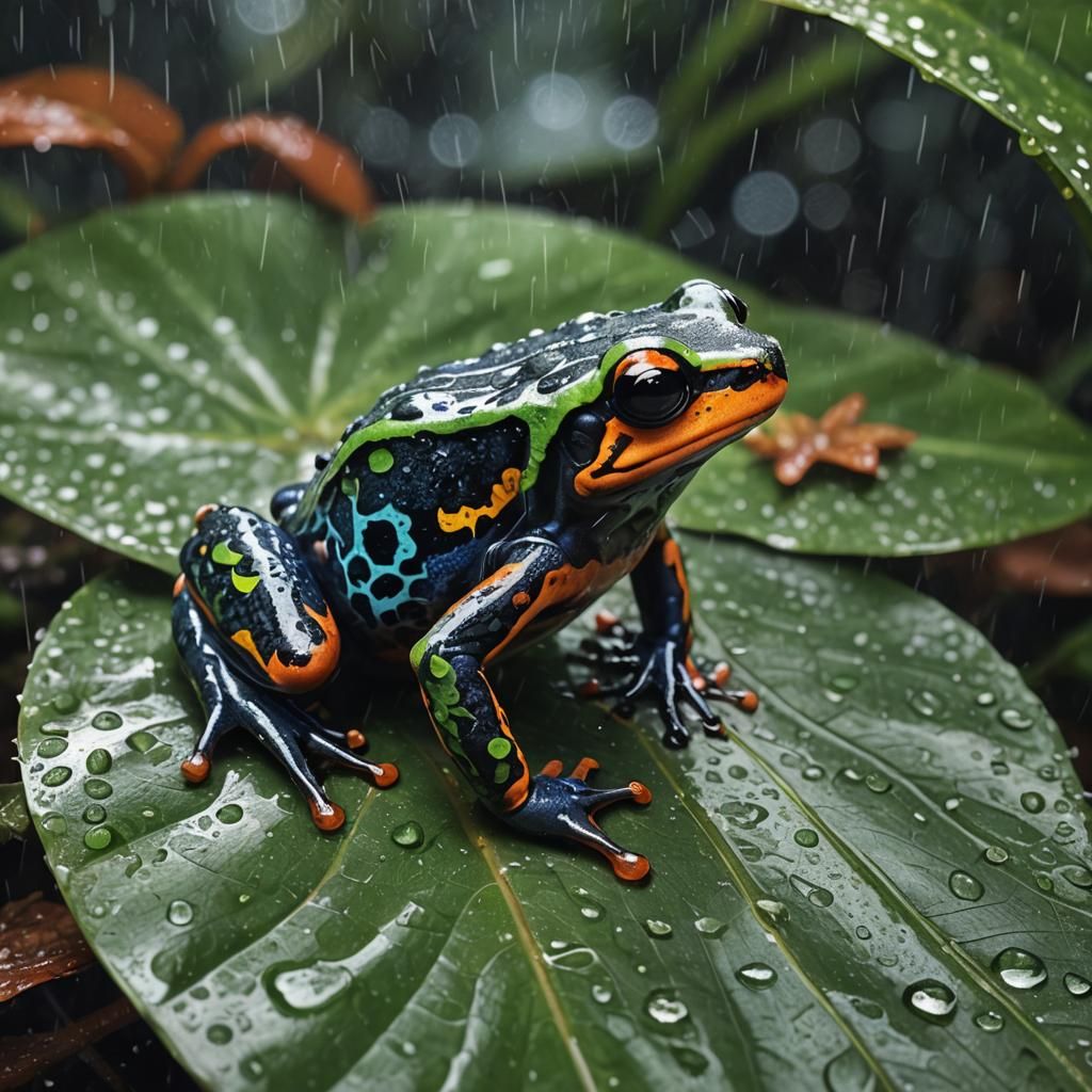 Hyperrealistic Poison Dart Frog in Pouring Rain