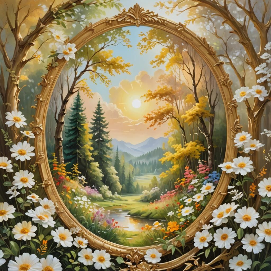 Dreamlike Forest in Golden Frame: Oil Painting