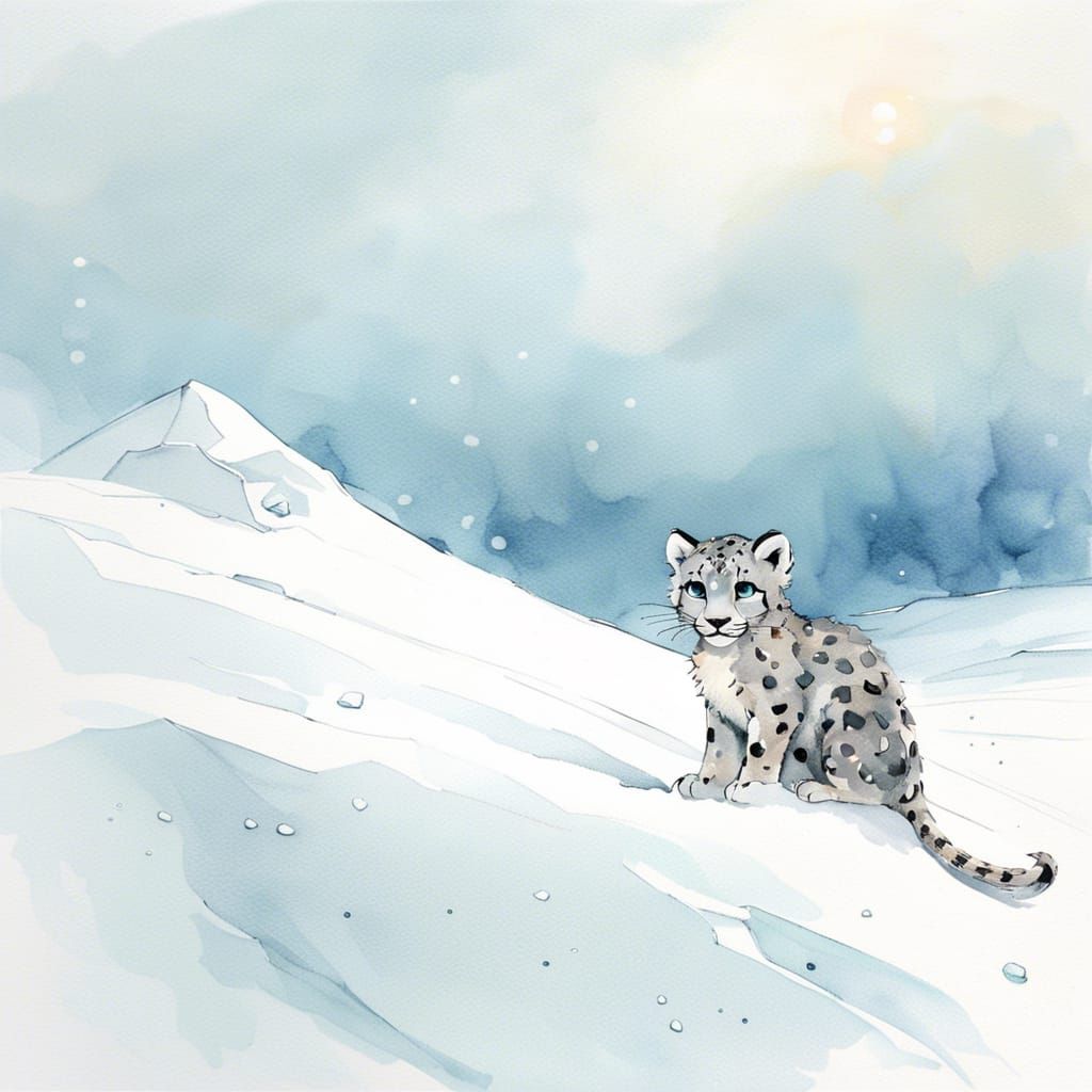 Chibi Snow Leopard Cub in Snowy Watercolor Landscape