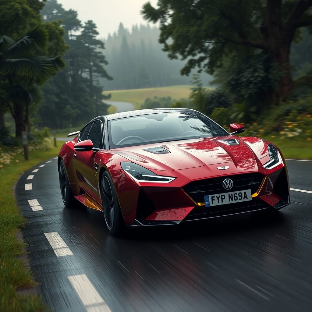 Sleek Sedan on Rainy Road, Futuristic Design