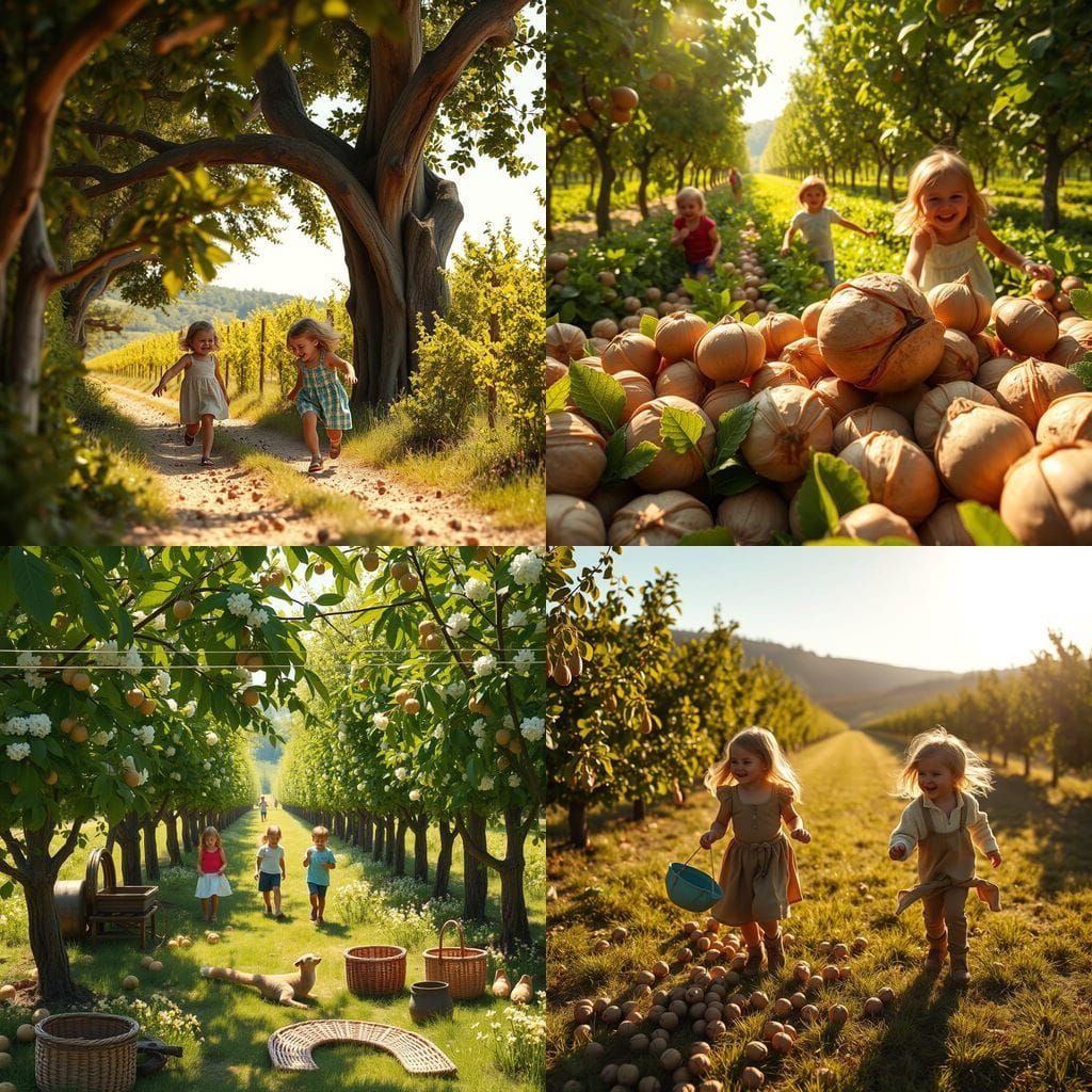 Realistic Children Playing in a Hazelnut Orchard