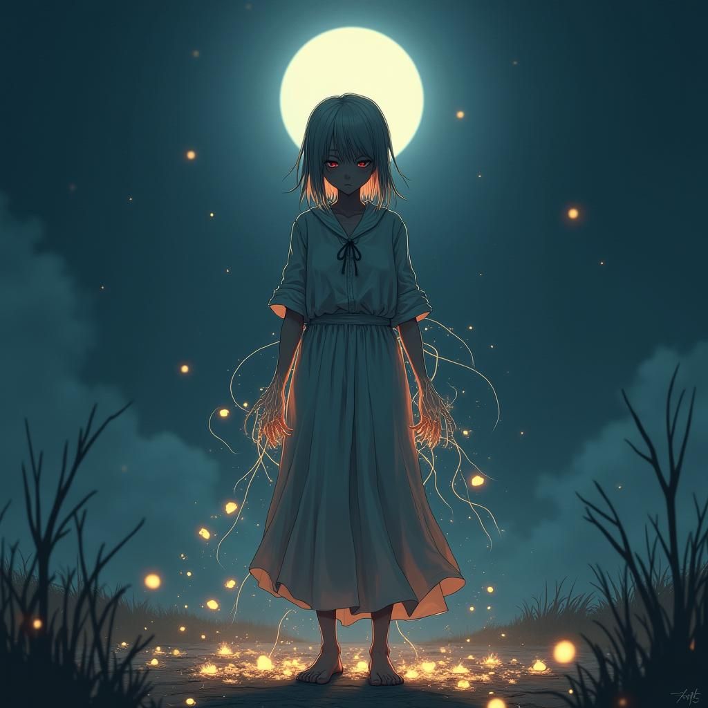 Haunted Figure in Moonlit Anime Landscape
