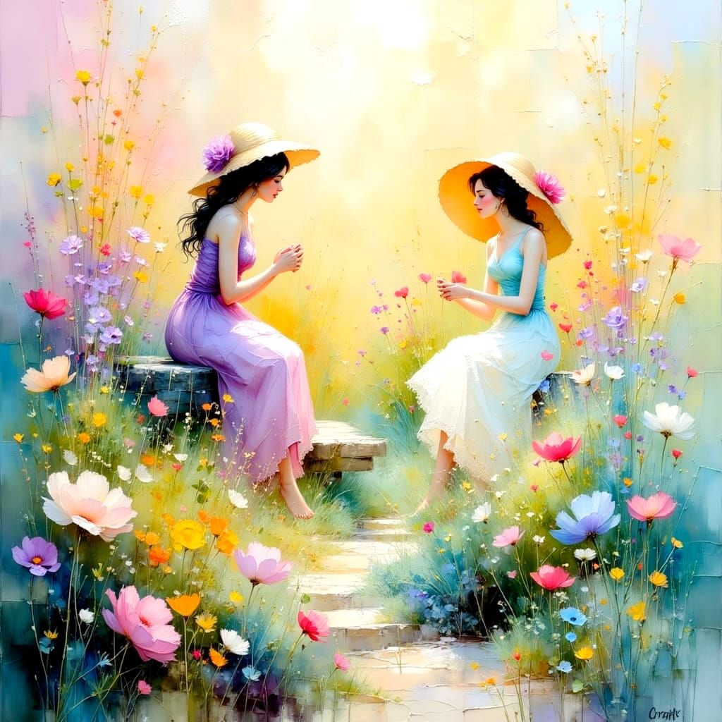 Two Sisters Embracing in Vibrant Colors