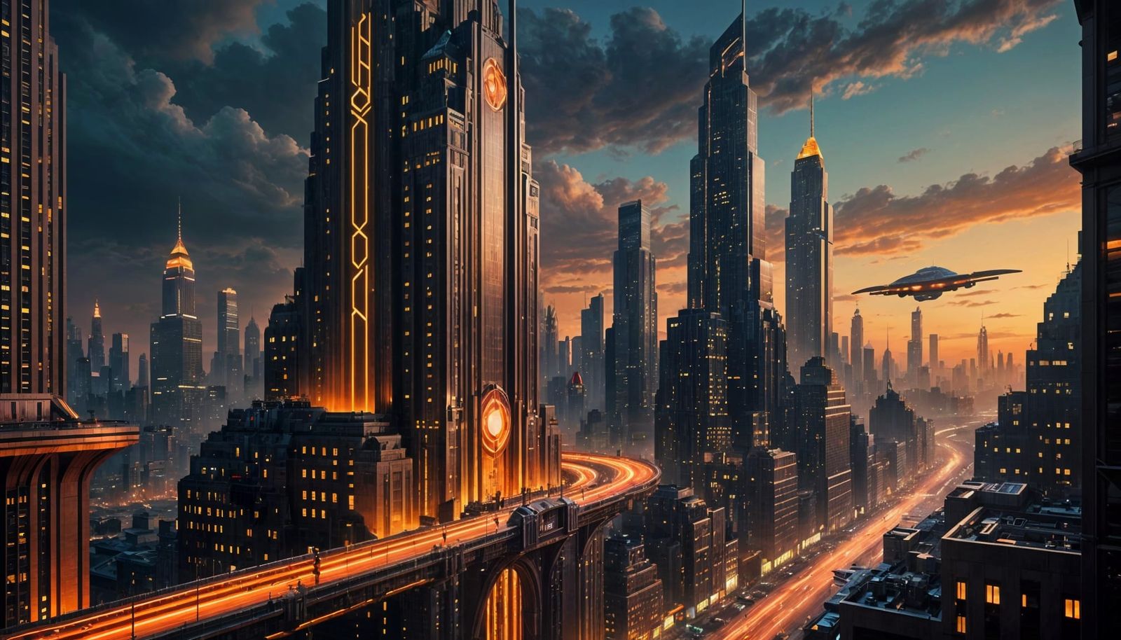 1920s Art Deco Futuristic Cityscape with Golden Glow
