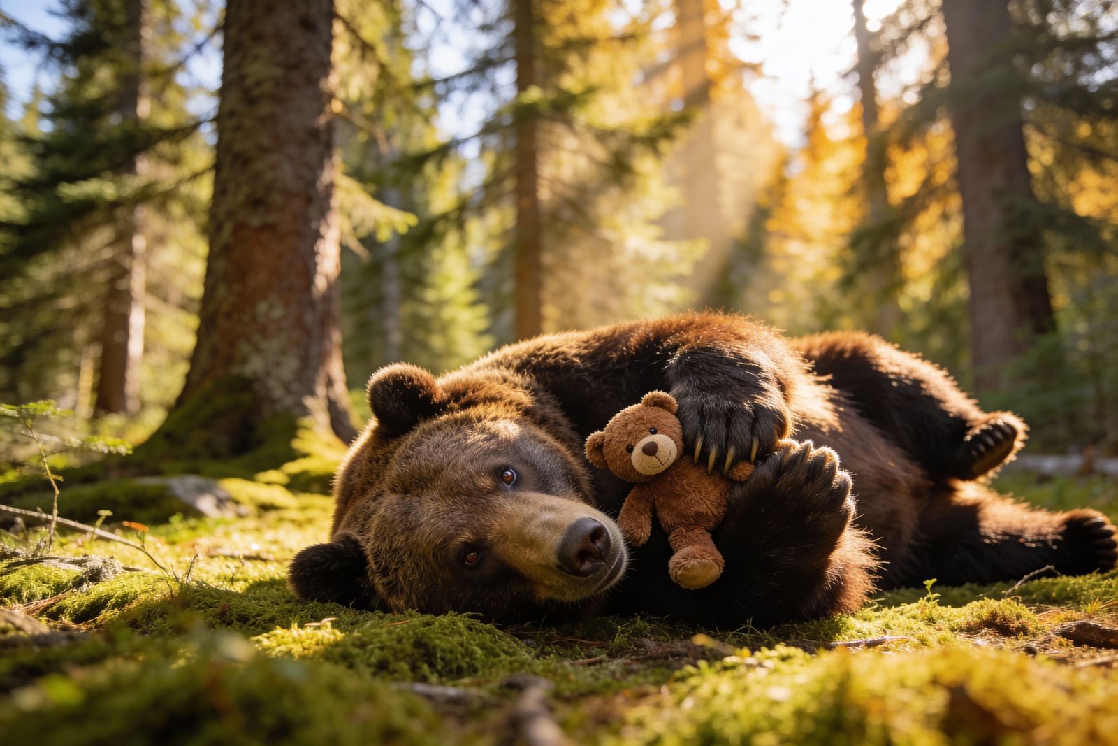 Grizzly Bear Plays Tenderly with Teddy Bear in Canadian Wild...
