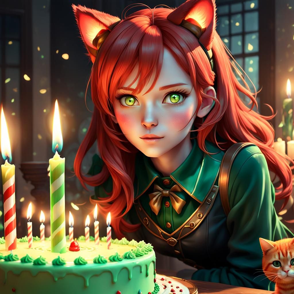 Anime Woman Celebrates Birthday with Cat Ears