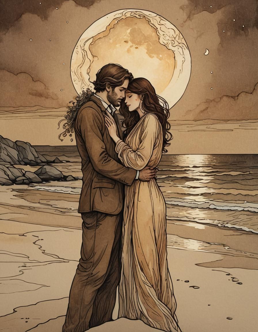 Moonlit Beach Embrace in Art Nouveau Style