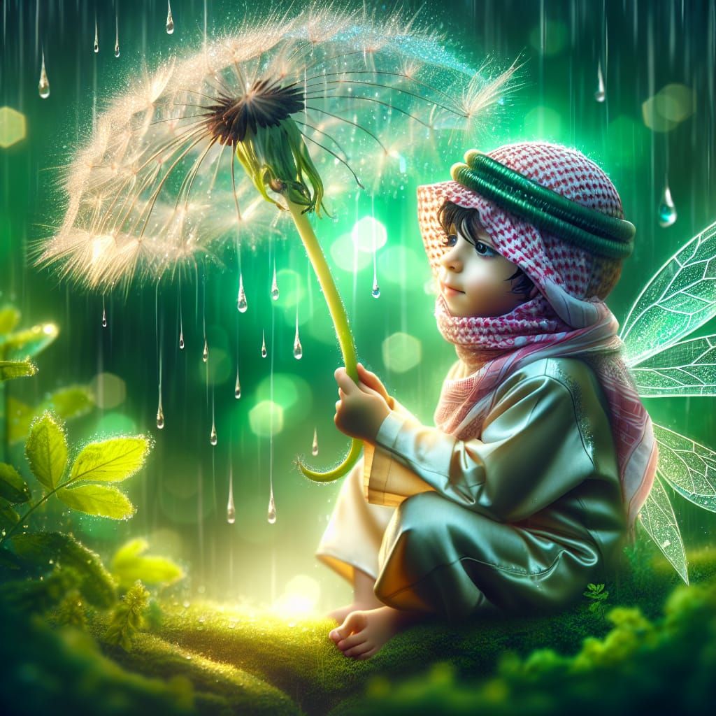 Fairy Child Under Dandelion Umbrella