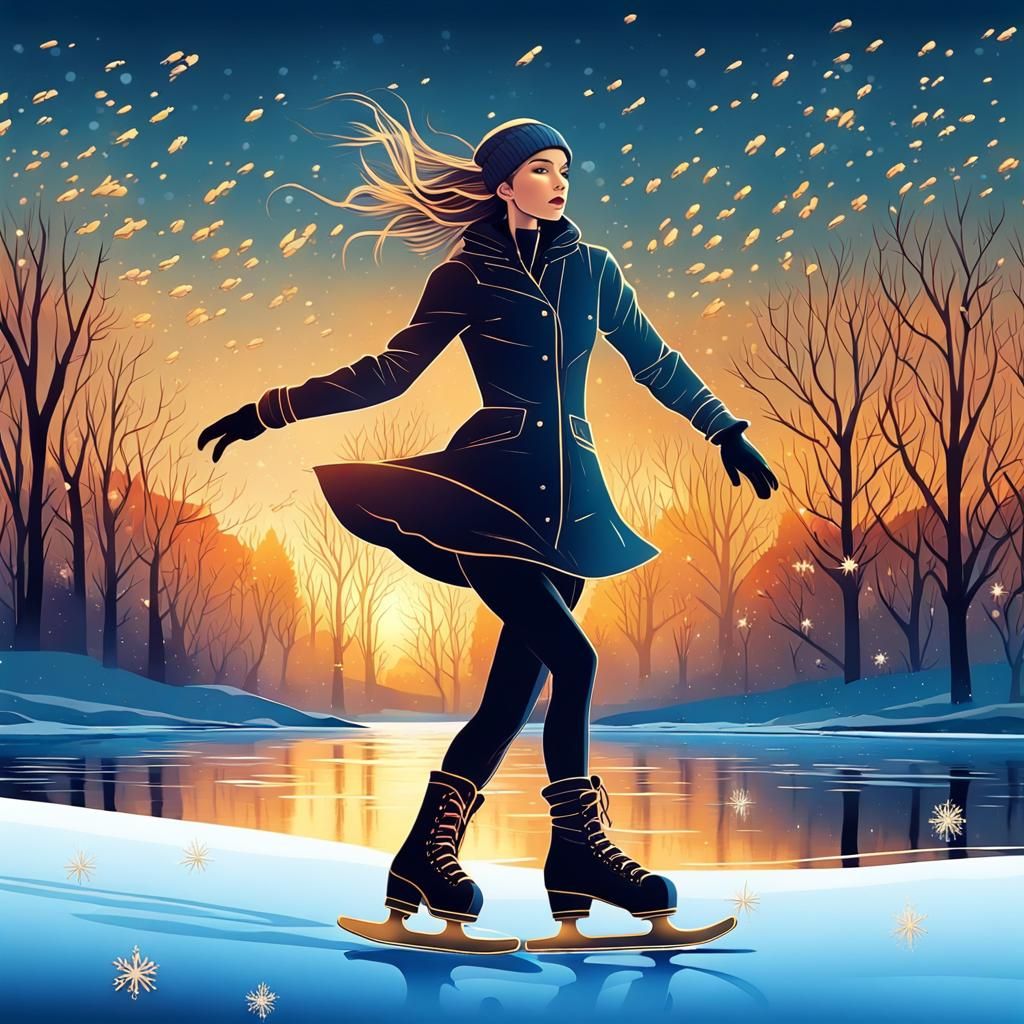 Woman Skating on Frozen River at Dusk