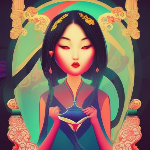 Chinese Girl at Lantern Festival in Pop Art Deco Style