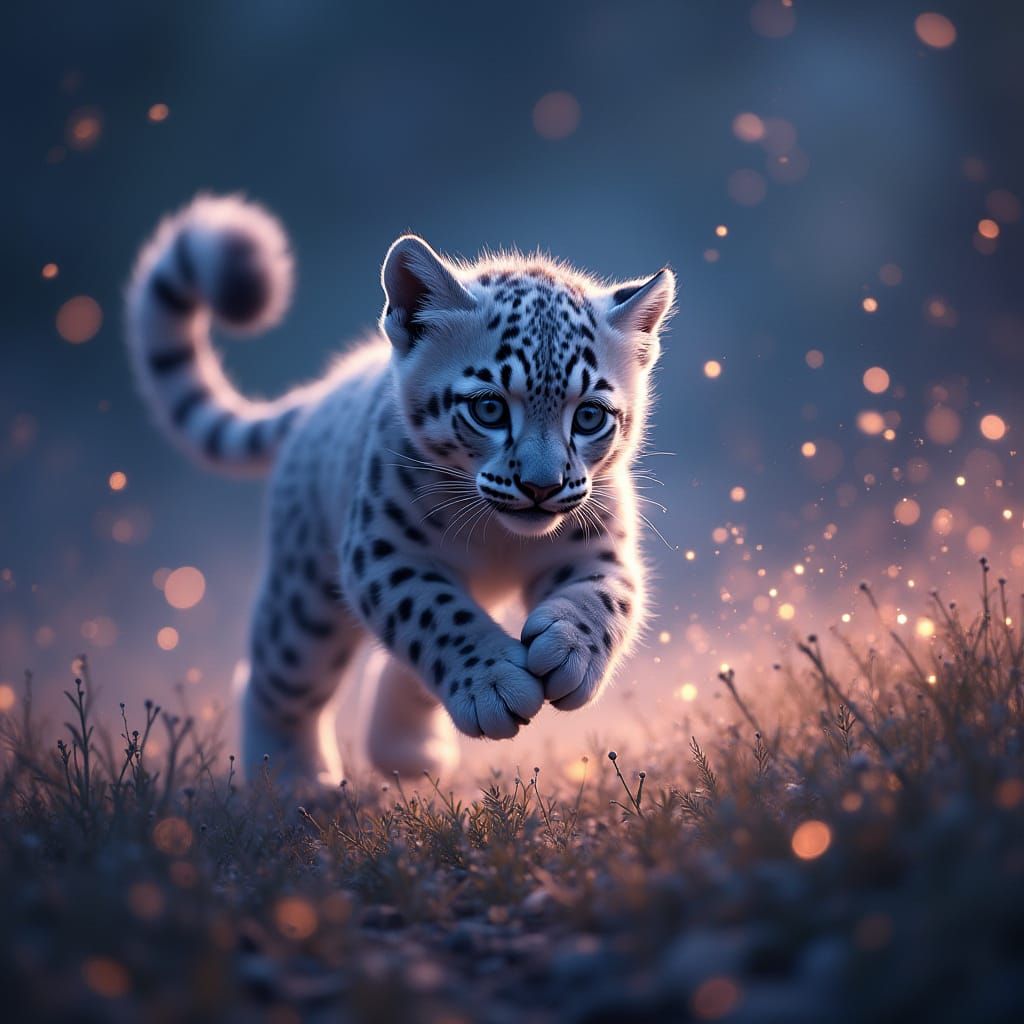 Baby snow leopard running, pursued by angry hourglasses. cos...