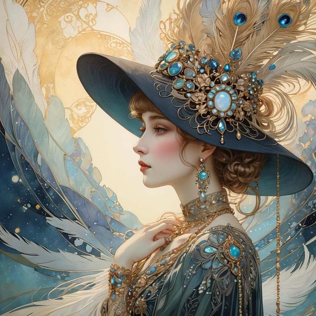 An Art Nouveau lady with typical jewelry and a hat with a feather
