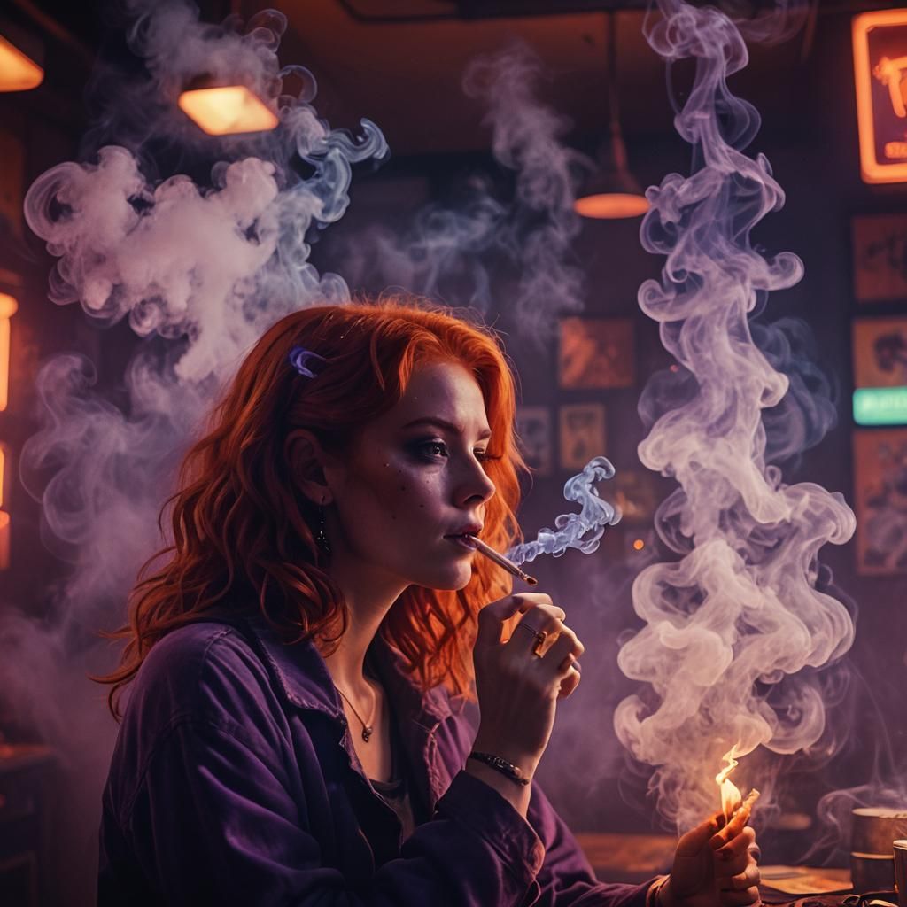 Surreal Red Haired Woman in Neon Smoky Atmosphere