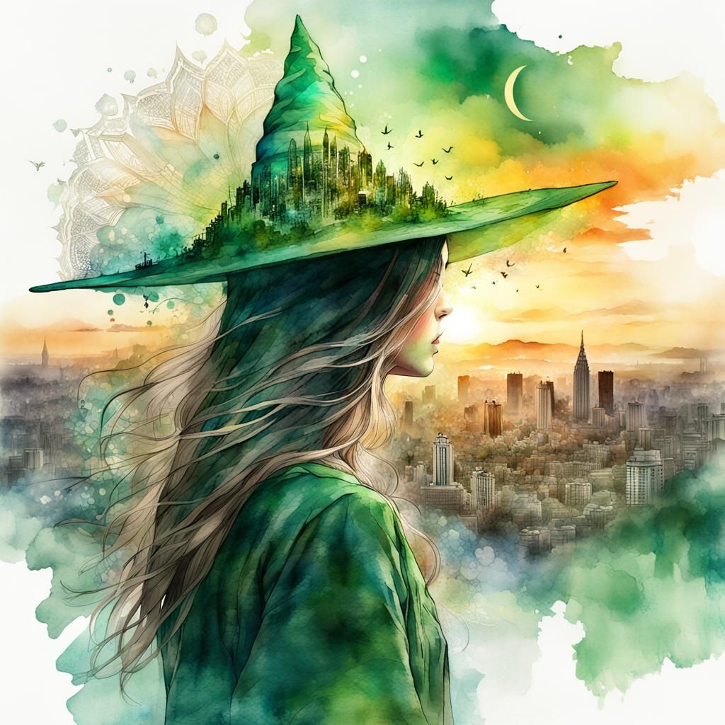 Green Witch Summerscape in Double Exposure Watercolor