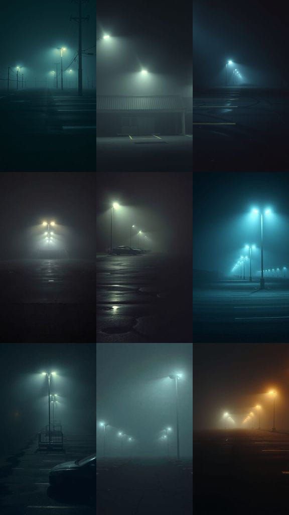 Eerie Foggy Parking Lot at Night