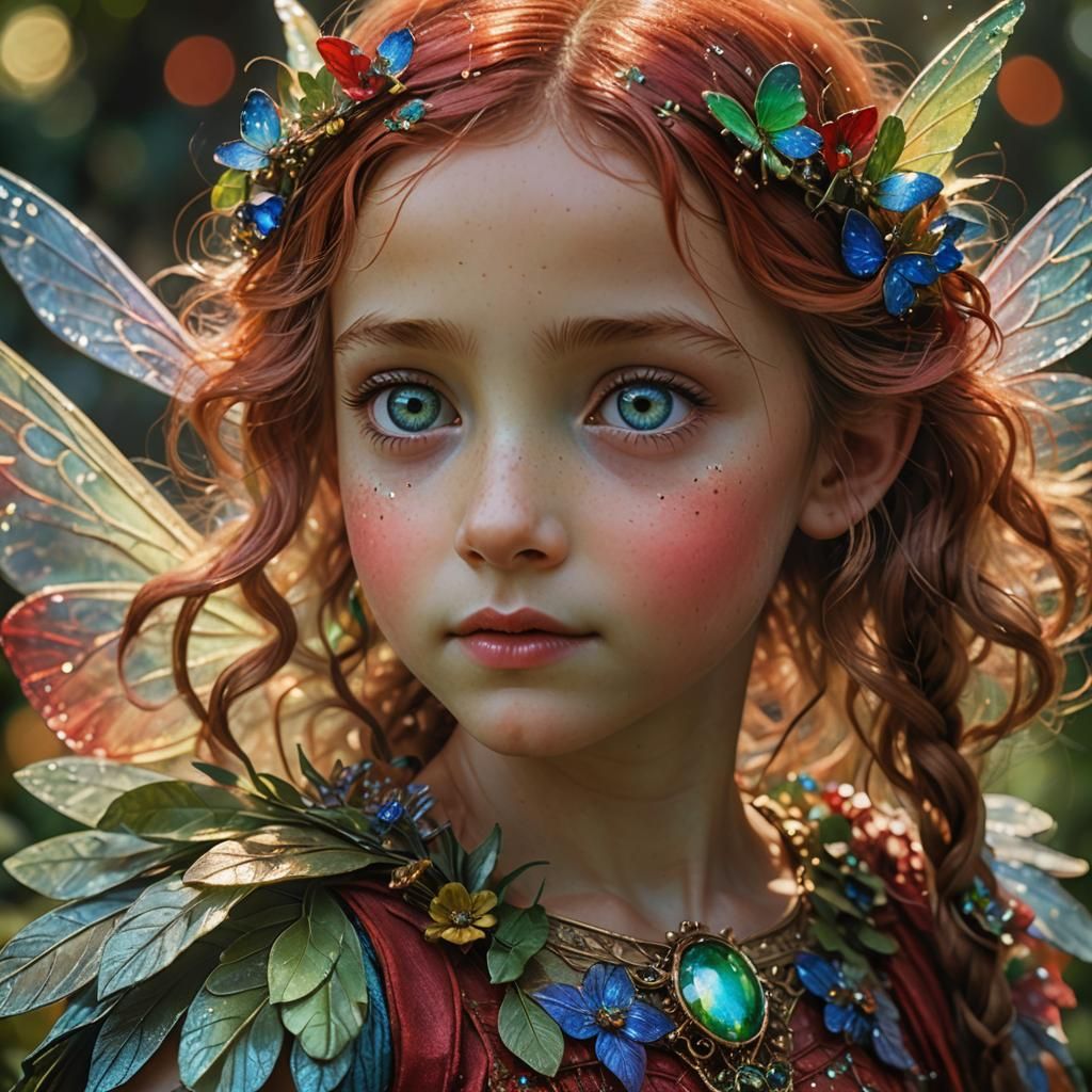 Very close up of tiny red fairy face, but especially her eye...