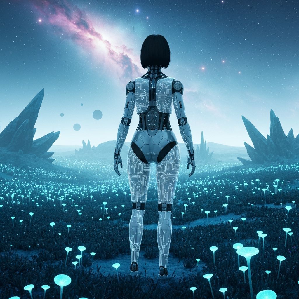 Robotic Figure in Bioluminescent Alien Landscape