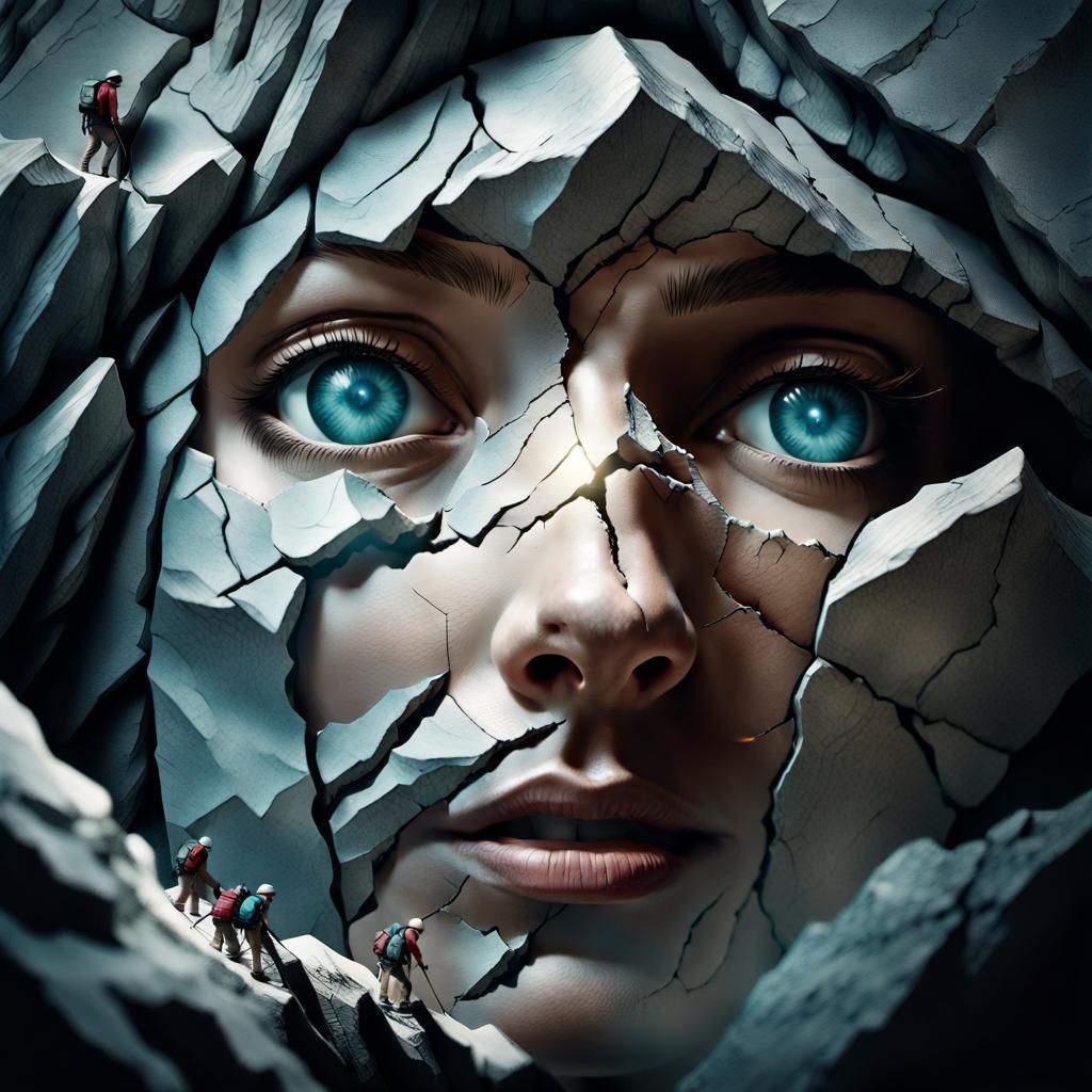 Alpine Mountaineers Climb Woman's Face: Cinematic Still