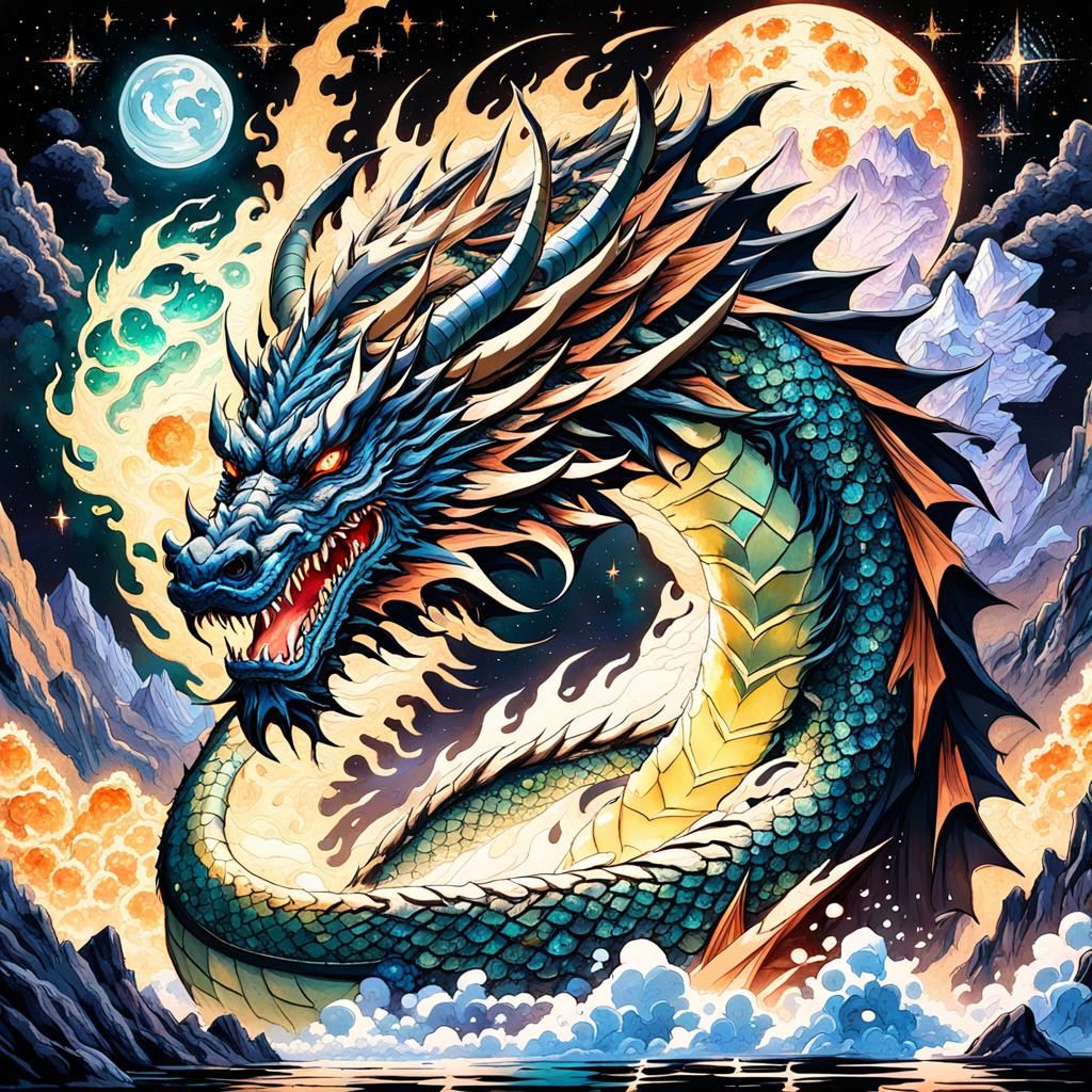 Ethereal Dragon Among Giant Crystals in Space