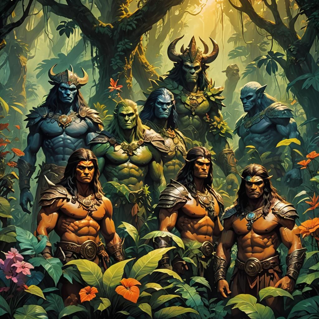 Guardians in Lush Jungle: Mythic Fantasy Art